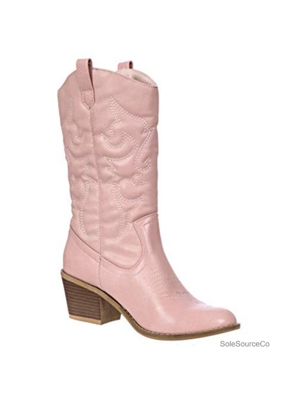 Vegan leather mid-calf cowboy boots with embroidered western stitching
